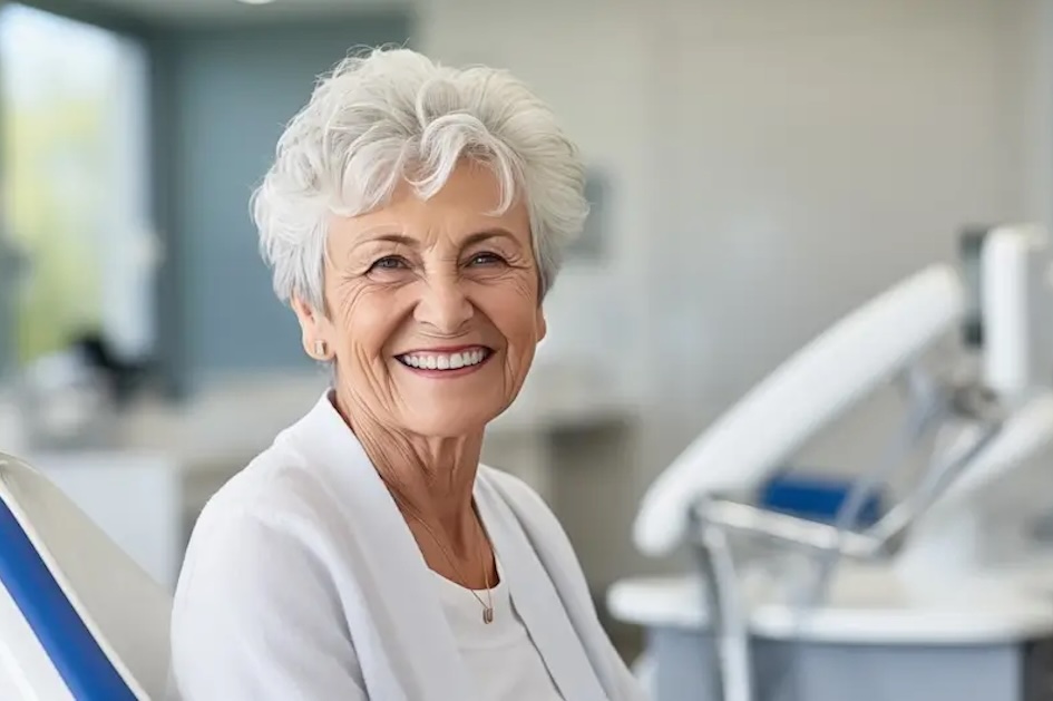 Odontologia dentista O Barco Valdeorras Una anciana con pelo corto y blanco y una sonrisa brillante se sienta en una clínica dental. Lleva una rebeca blanca y mira directamente a la cámara. El fondo está borroso y se ve el equipo dental.