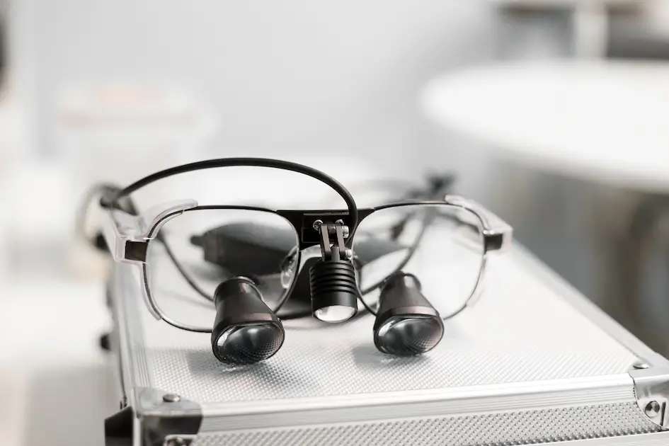 Odontologia dentista O Barco Valdeorras Se coloca un par de lupas con luces LED adjuntas sobre una superficie acanalada gris. Las gafas tienen un diseño elegante con lentes transparentes y montura negra. La configuración sugiere su uso en trabajos detallados, como procedimientos médicos o artesanía compleja.