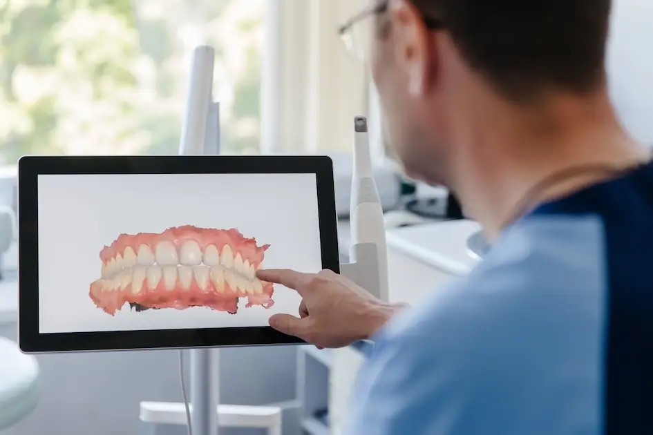 Odontologia dentista O Barco Valdeorras Un dentista con bata azul y gafas señala una pantalla digital que muestra un modelo 3D de un conjunto de dientes y encías. La pantalla es parte de la configuración de un escáner dental y la habitación tiene una ventana brillante con una vista verde y borrosa del exterior.